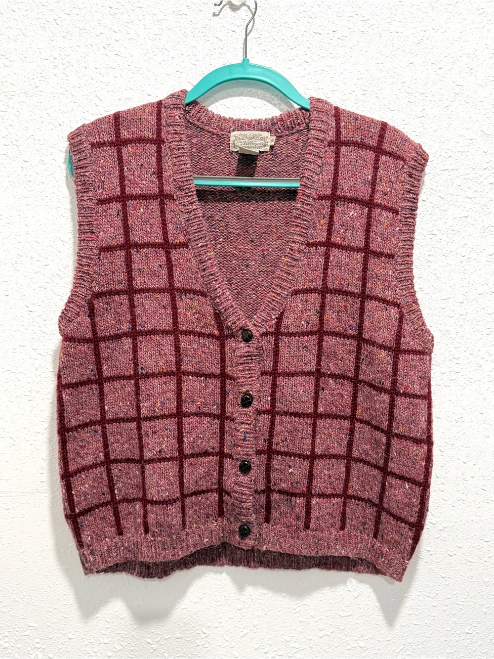 Vintage villager wool blend Plum and Burgundy Windowpane Knit Vest L - Picture 3 of 9